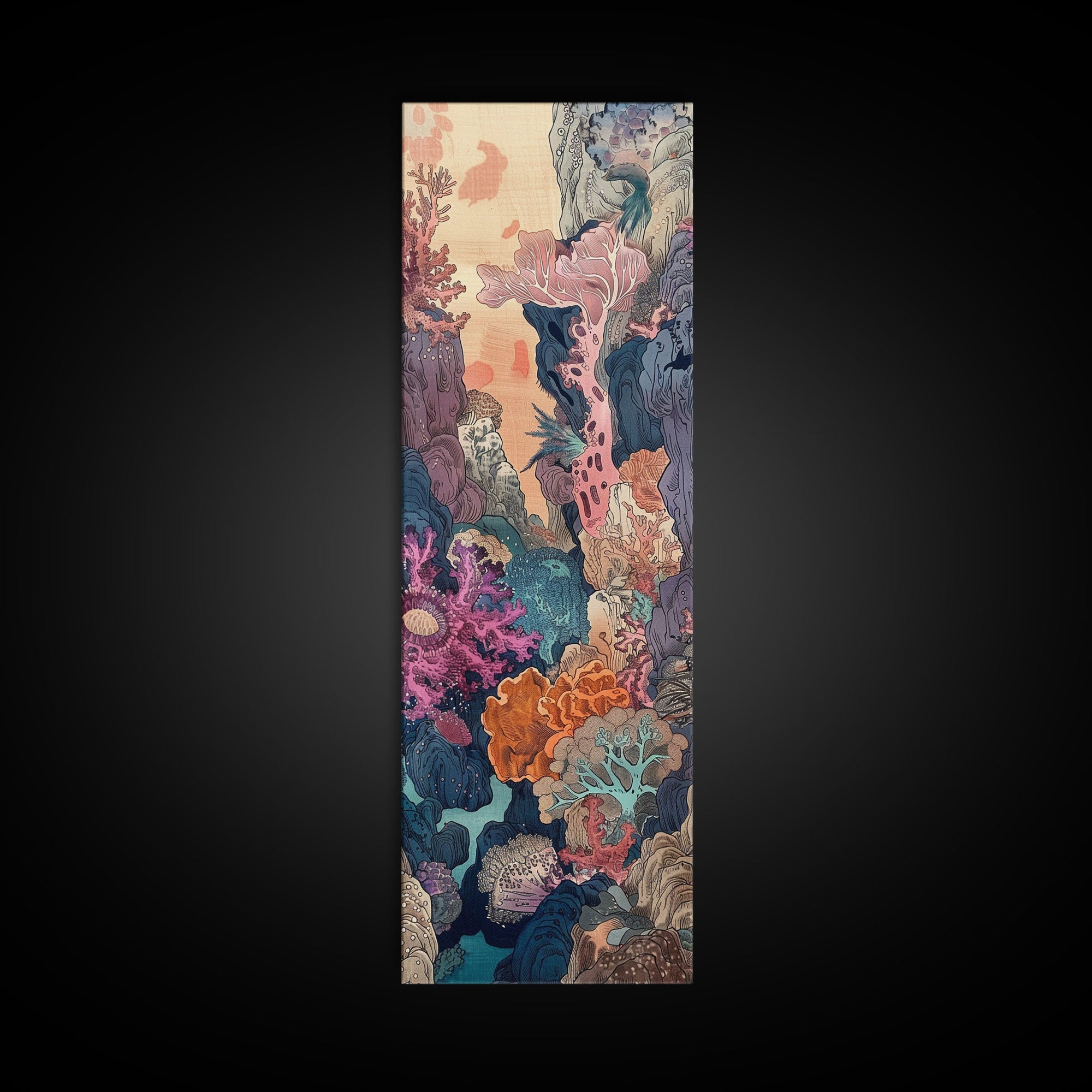 Framed Canvas Print Of A Coral Reef Scene Filled With Vibrant Marine Life, Skinny Art, Tall Art, Japanese Style Art, Ukiyo-e Art, Wood Block Print