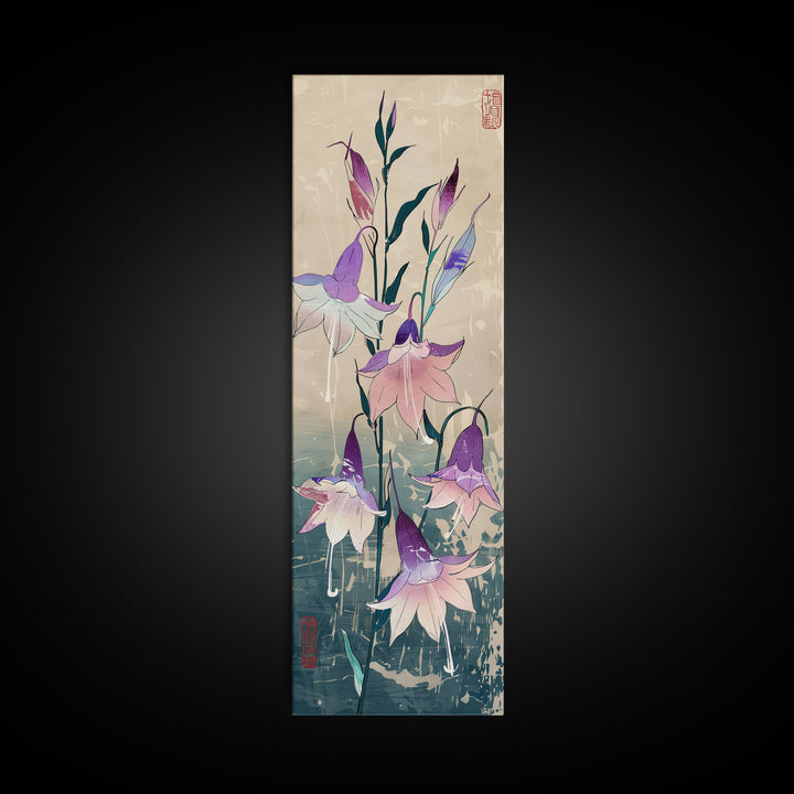 Tall Art Featuring Elegant Bellflowers In Soft Purples And Pinks Against A Muted Background, Skinny Art, Japanese Style Art, Ukiyo-e Art, Framed Canvas Print, Wood Block Print