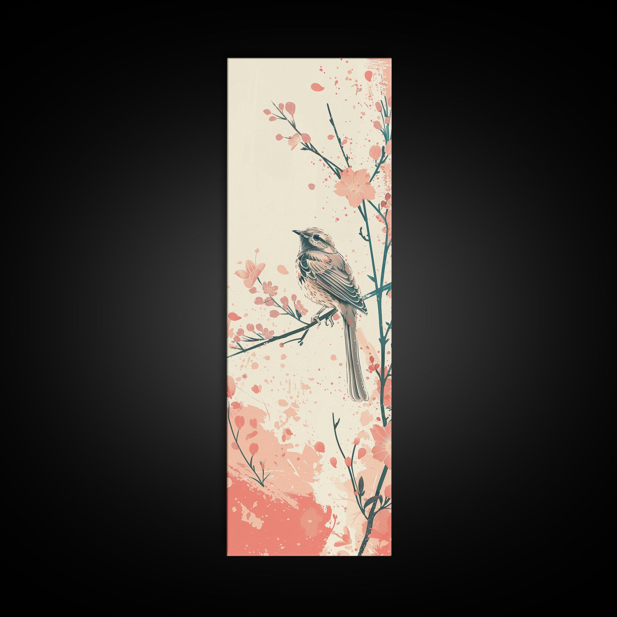 Perched Bird Among Blossoming Cherry Branches – Framed Canvas Print With Skinny Art And Tall Art Inspired By Ukiyo-E Art And Japanese Style Art