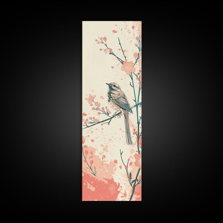 Perched Bird Among Blossoming Cherry Branches – Framed Canvas Print With Skinny Art And Tall Art Inspired By Ukiyo-E Art And Japanese Style Art