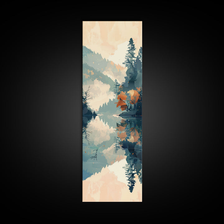 Ukiyo-e Art Depicting A Peaceful Lake Surrounded By Misty Mountains And Autumn Trees, Skinny Art, Tall Art, Framed Canvas Print, Japanese Style Art, Wood Block Print