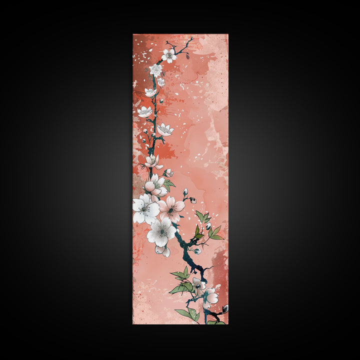 Skinny Art Tall Art Cherry Blossoms Wood Block Print Japanese Style Art With Delicate Branches On Soft Pink Background Framed Canvas Print