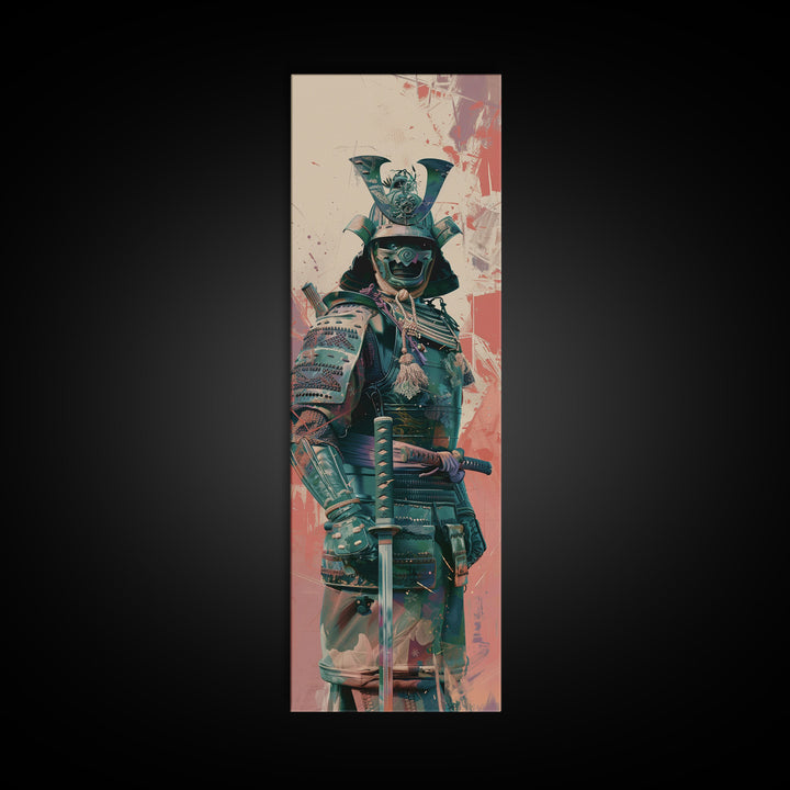 Skinny Art Tall Art Samurai Armor Wood Block Print Japanese Style Art Featuring Fierce Warrior In Full Battle Gear Framed Canvas Print