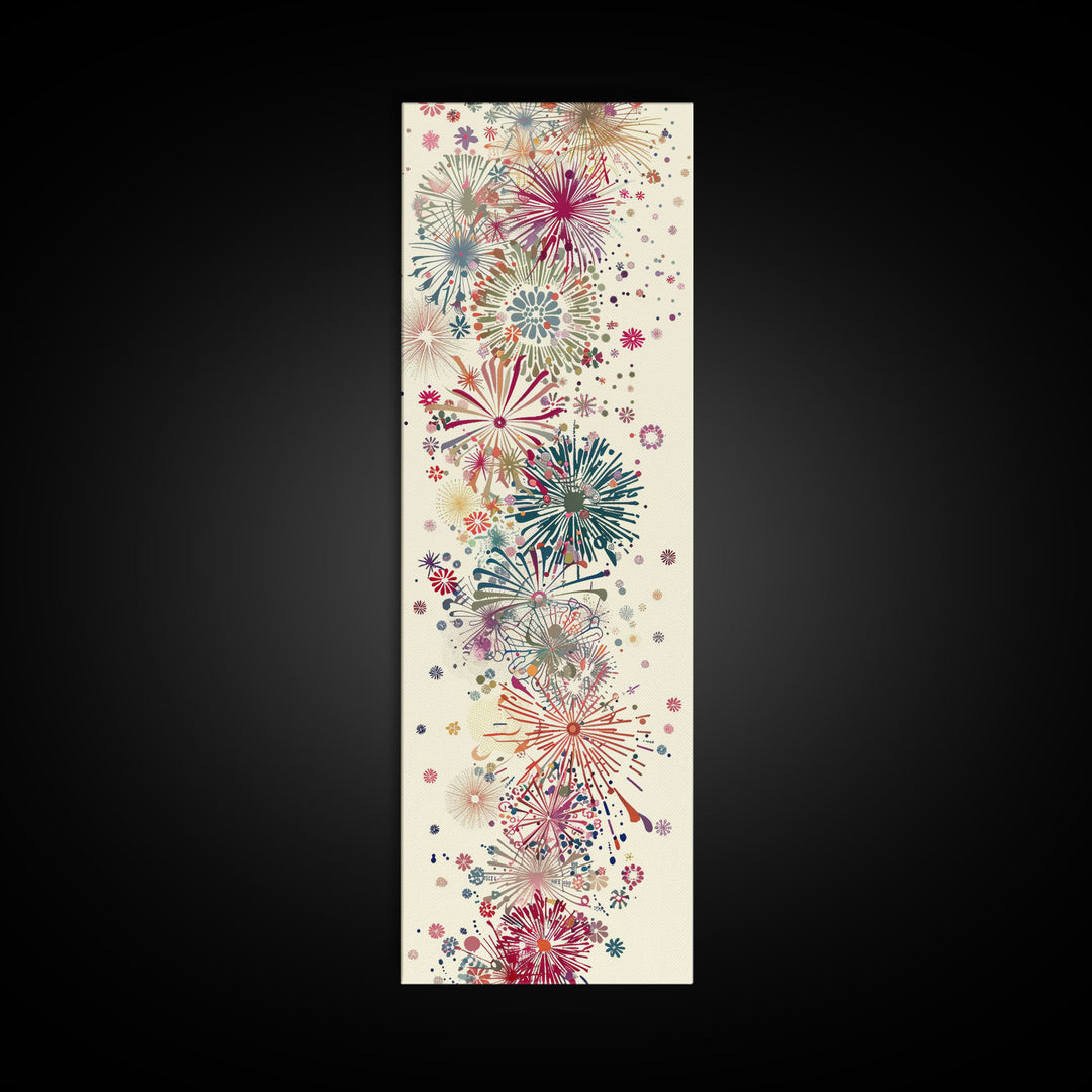 Skinny Art Tall Art Floral Burst Wood Block Print Japanese Style Art Vivid Explosions Of Colors Framed Canvas Print