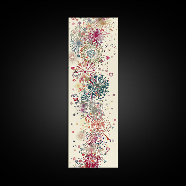 Skinny Art Tall Art Floral Burst Wood Block Print Japanese Style Art Vivid Explosions Of Colors Framed Canvas Print