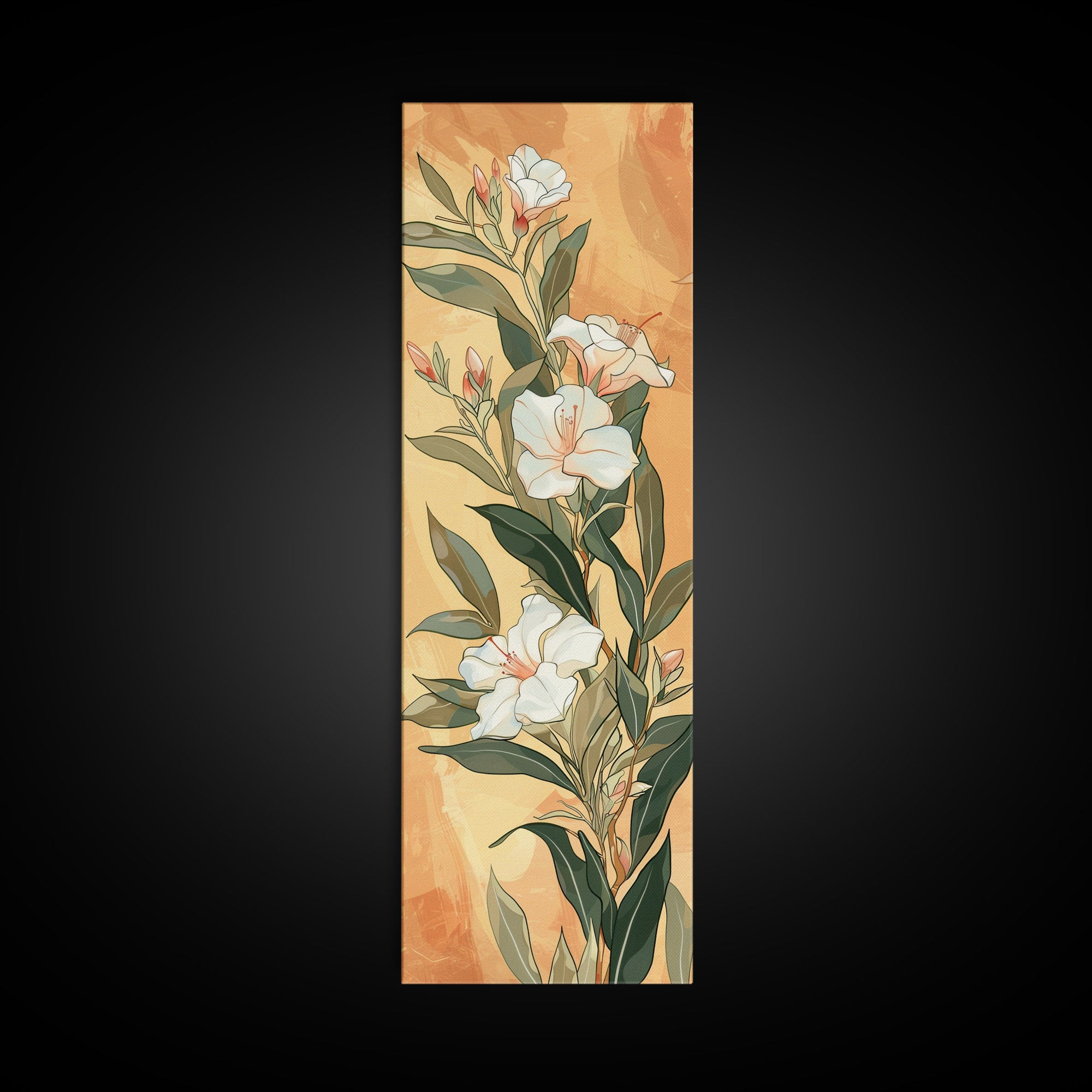 Skinny Art Tall Art Elegant White Flowers Wood Block Print Japanese Style Art Delicate Blooms On Soft Background Framed Canvas Print