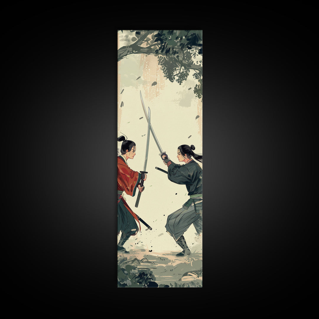 Skinny Art Tall Art Samurai Duel Wood Block Print Japanese Style Art Intense Battle Between Two Warriors Framed Canvas Print