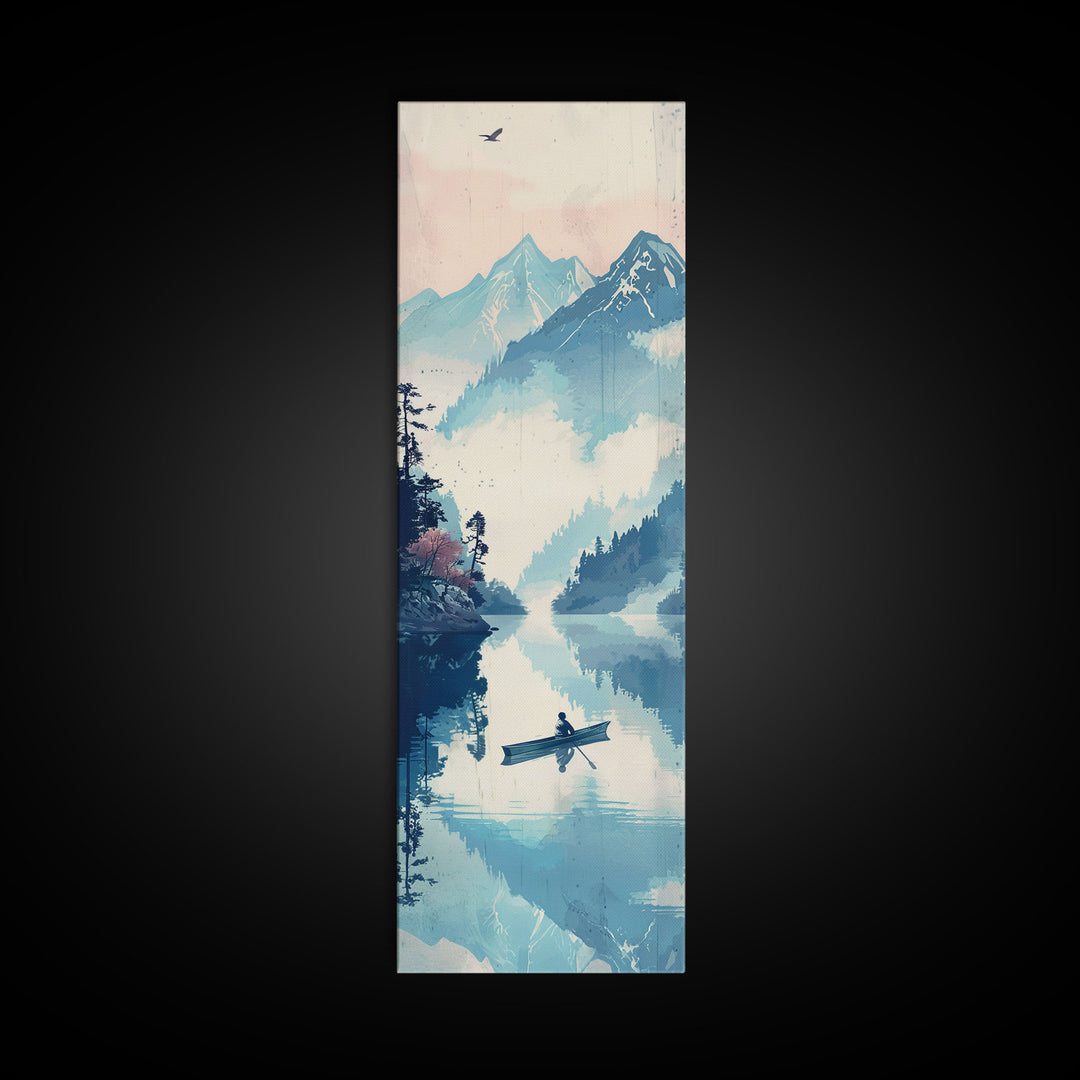 Serene Rowboat On A Misty Lake With Mountains – Framed Canvas Print Showcasing Skinny Art With Ukiyo-E Art And Japanese Style Art Tall Art