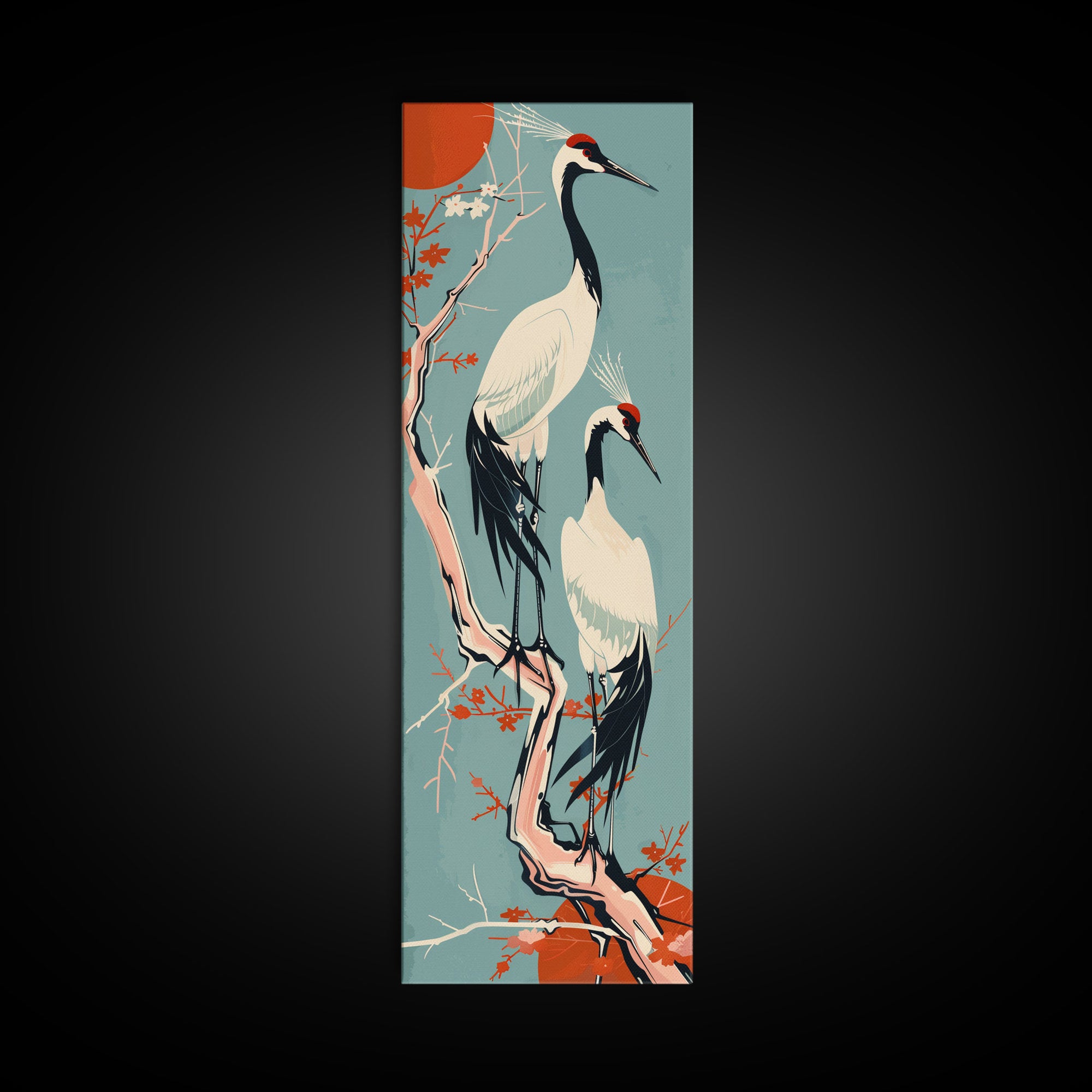 Pair Of Cranes Perched On Branch Against Orange Sun Background Skinny Art Wood Block Print Framed Canvas Print