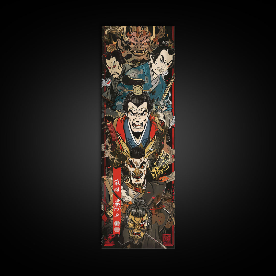 Fierce Samurai Warriors With Oni Mask Tall Art Ukiyo-e Art Wood Block Print Framed Canvas Print