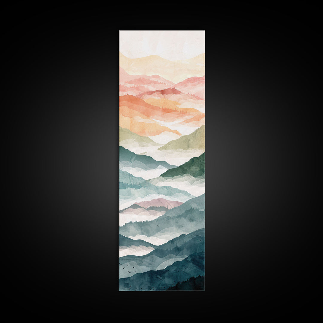 Rolling Hills And Layered Mountains In Soft Pastel Hues Ukiyo-e Wood Block Print Skinny Art Framed Canvas Print