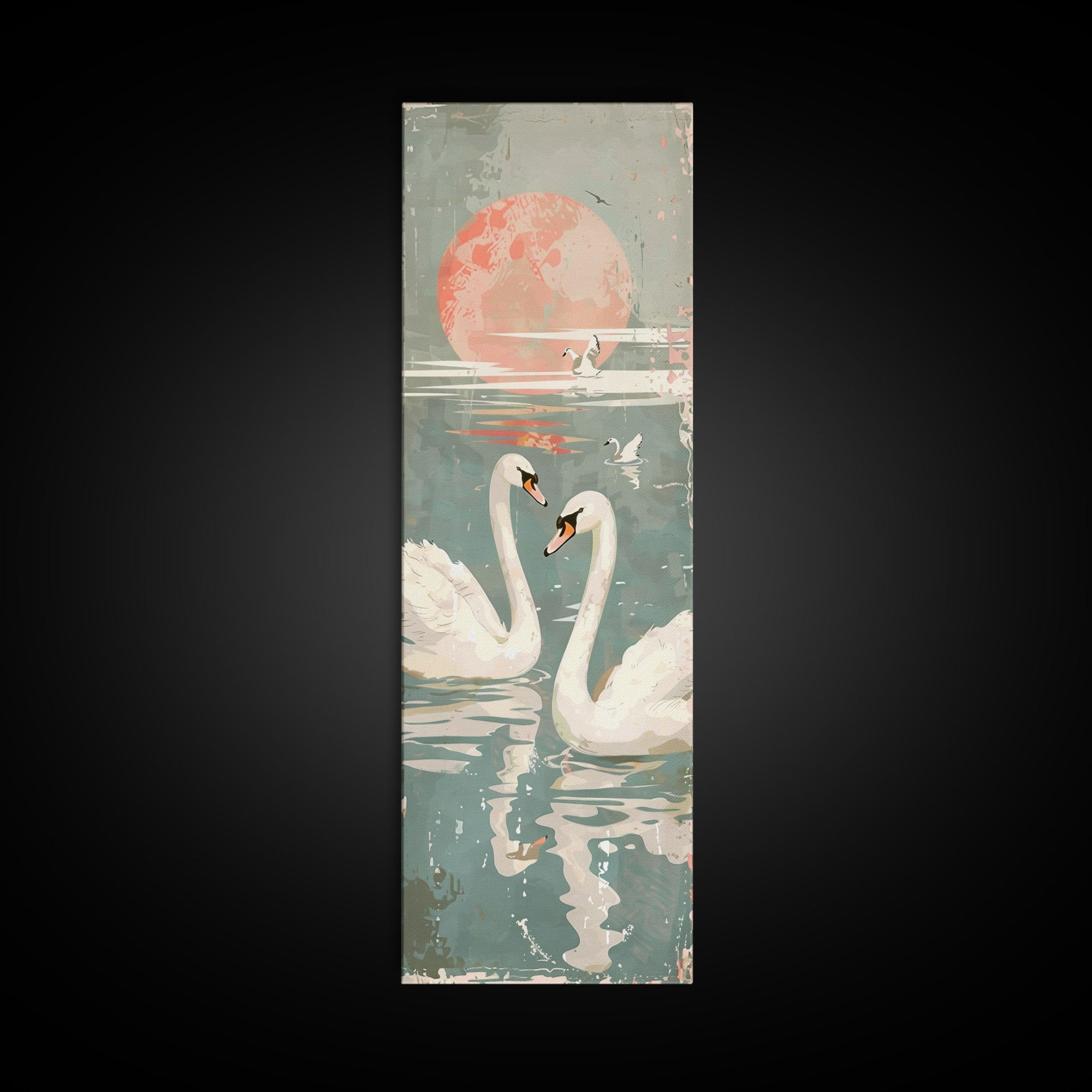 Graceful Swans With Peaceful Lake And Reflecting Sun Ukiyo-e Wood Block Skinny Tall Japanese Style Art Framed Canvas Print