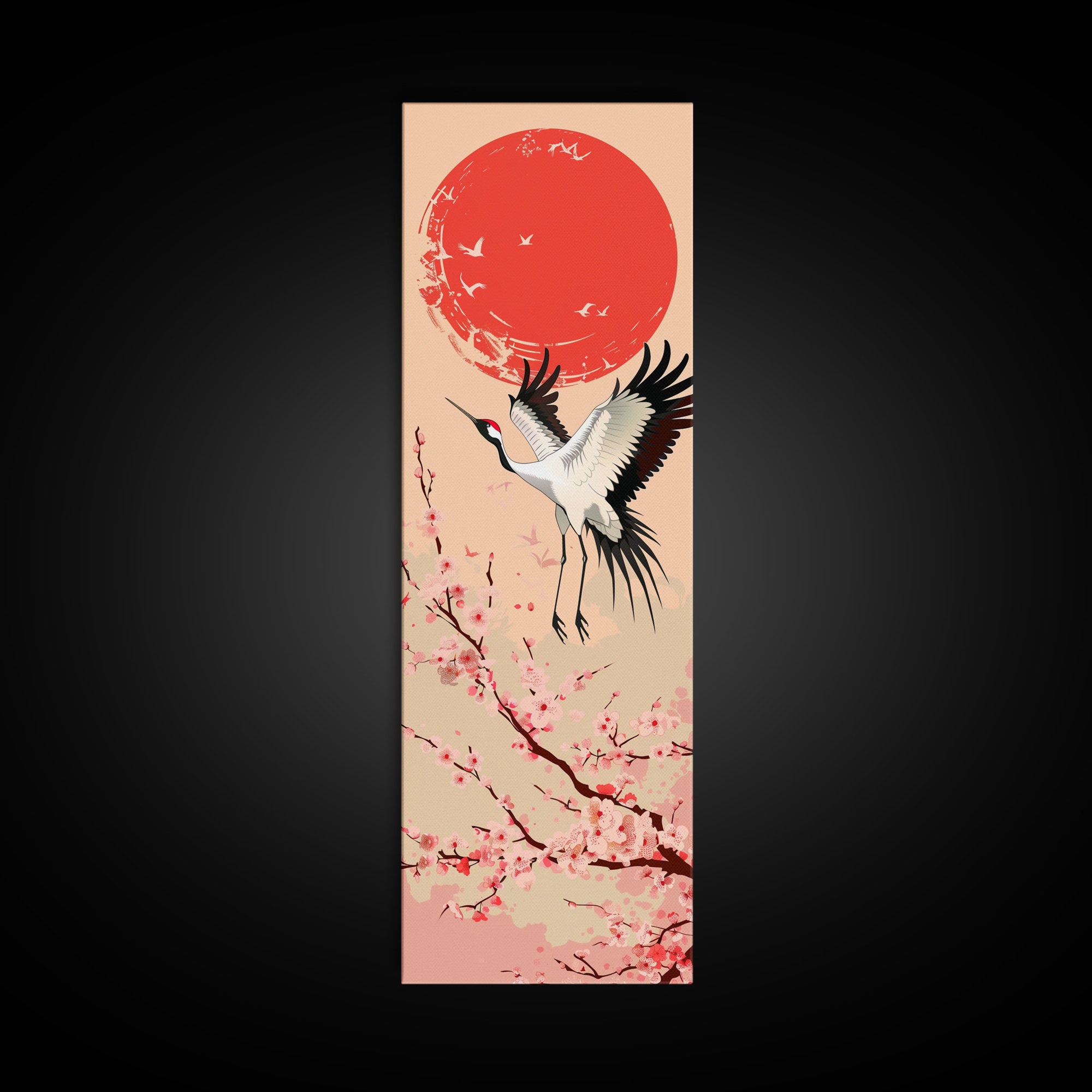 Elegant Crane Bird In Mid-flight Against Bold Red Sun Ukiyo-e Tall Skinny Wood Block Framed Canvas Print Japanese Style Art