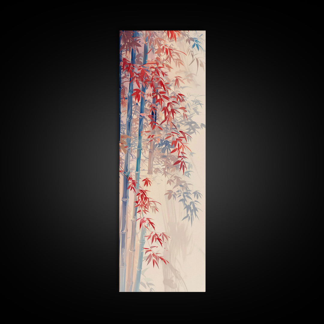 Graceful Bamboo Stalks And Red Leaves In Gentle Wind Ukiyo-e Tall Skinny Wood Block Framed Canvas Print Japanese Style Art