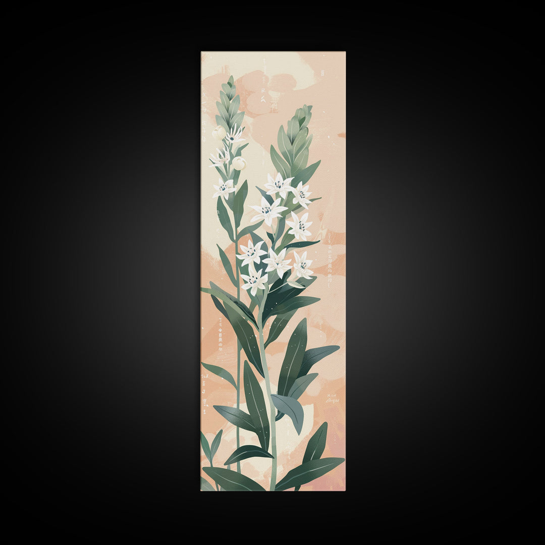 Elegant White Flowers On Tall Stems With Soft Background For Modern Wall Art Decor Ukiyo-e Japanese Style Art Framed Canvas Print