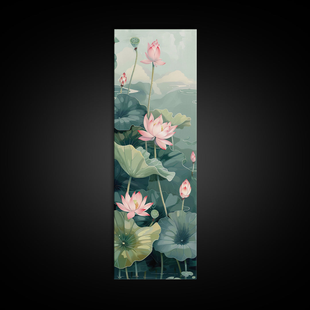 Tranquil Lotus Flowers And Large Green Leaves In Pond For Calming Nature Wall Art Ukiyo-e Japanese Style Art Canvas Print