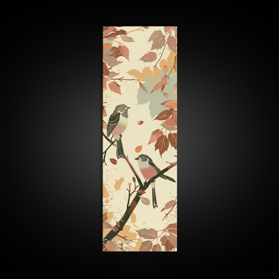 Charming Small Birds On Autumn Branches For Cozy Fall-Themed Wall Art Japanese Style Framed Canvas Print