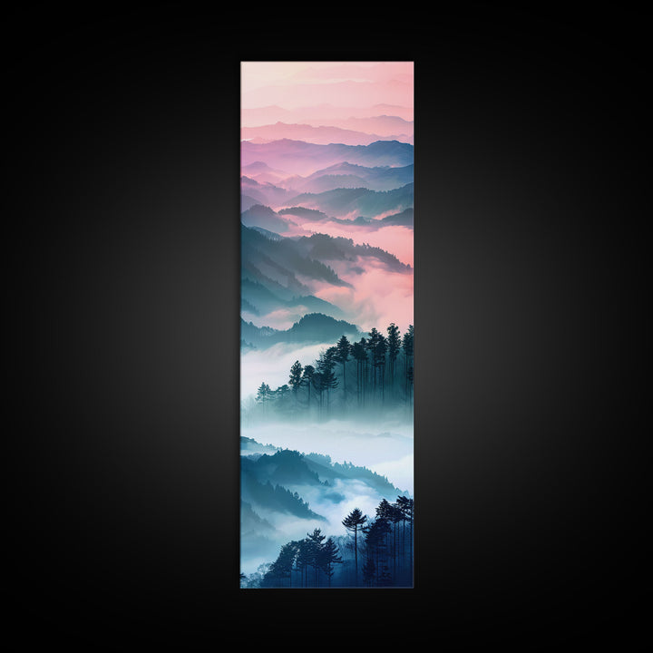 Dreamy Layers Of Misty Mountains At Dawn – Framed Canvas Print Skinny Art And Tall Art, Emphasizing Ukiyo-E Art And Japanese Style Art