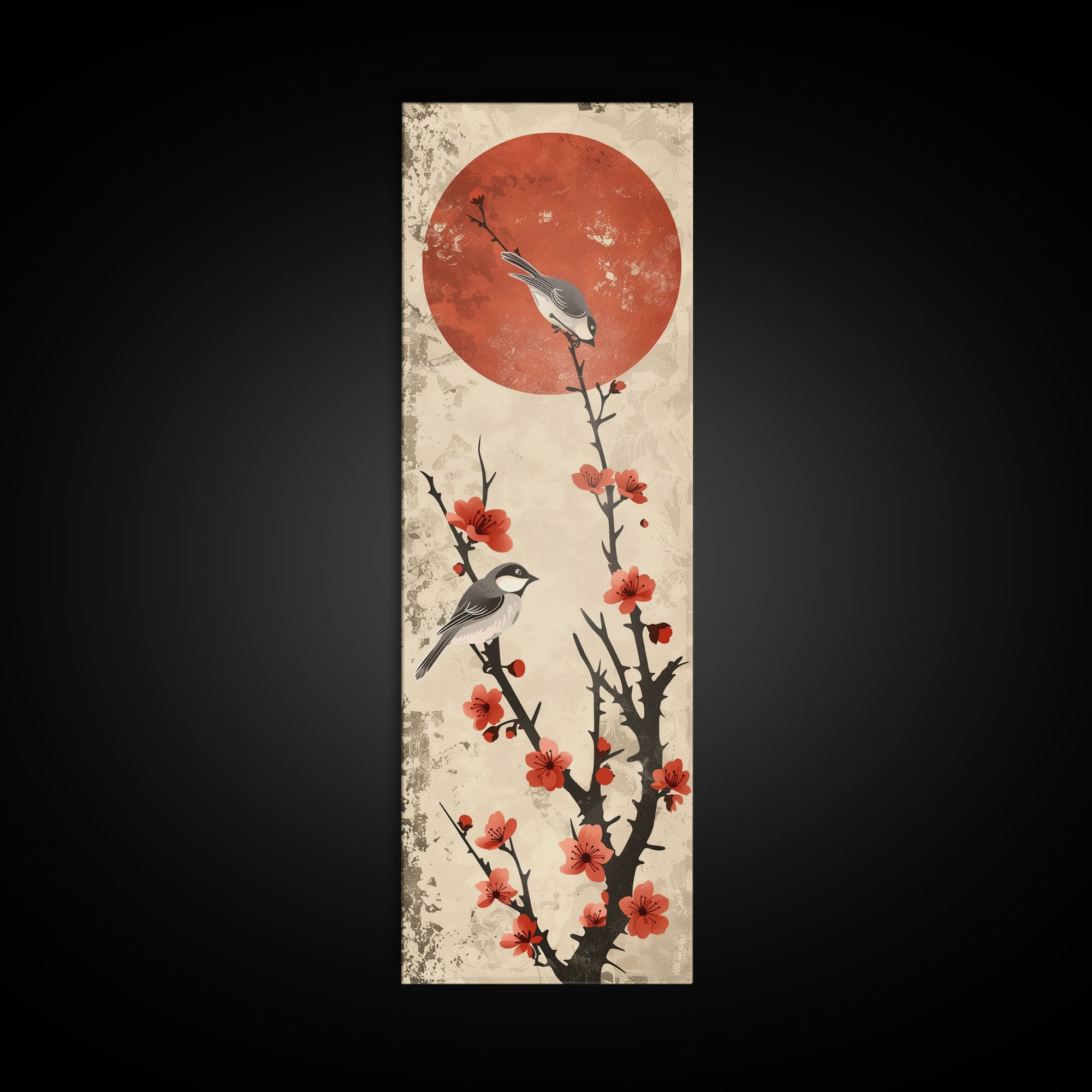 Delicate Birds Perched On Blooming Branch With Red Sun For Traditional Japanese Wall Art Decor Ukiyo-e Style Framed Canvas Print