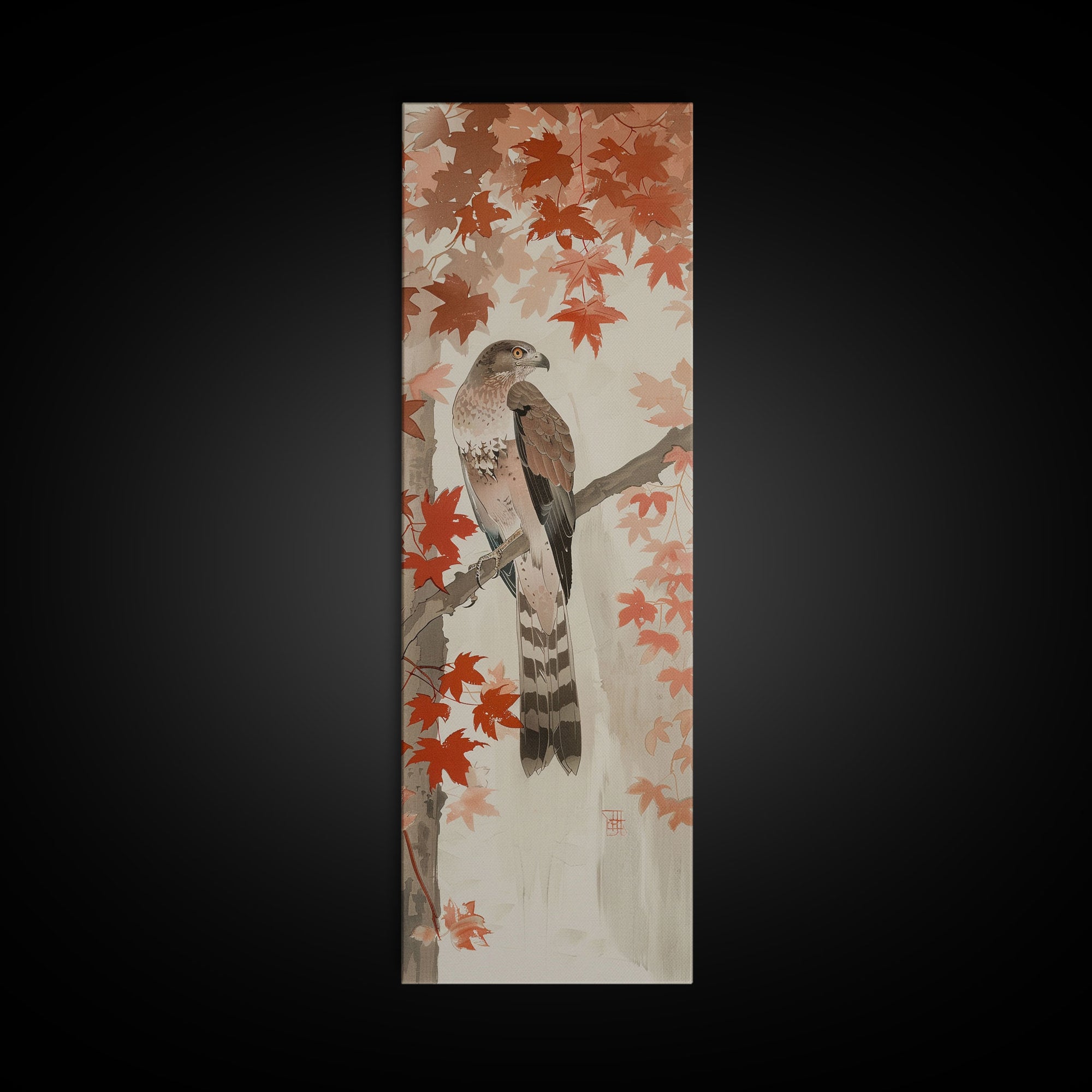 Majestic Hawk Perched Among Autumn Leaves, Framed Canvas Print In Skinny Tall Style, Japanese Style Art For Feng Shui Wall Art
