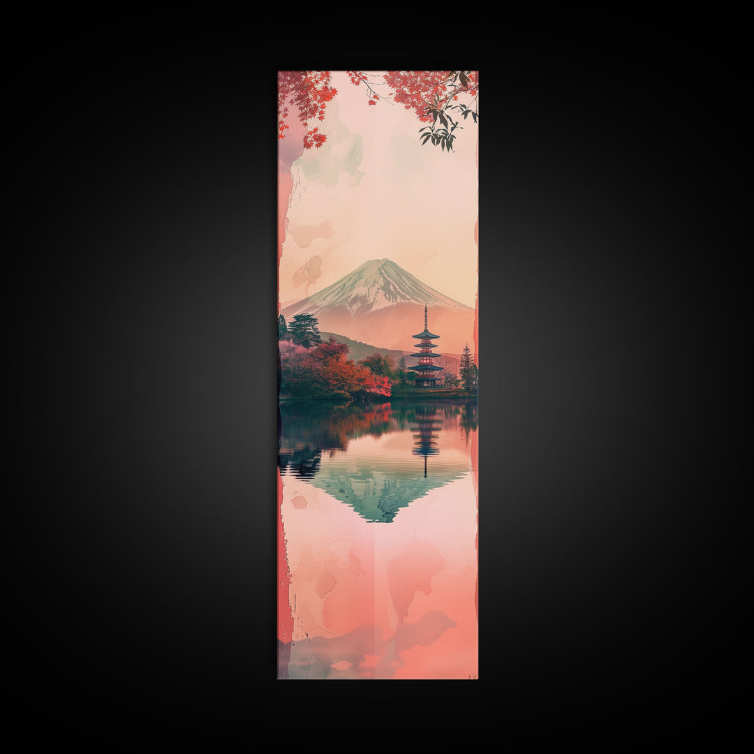 Skinny Art Tall Art Framed Canvas Print Japanese Style Art Mount Fuji Lake Reflection Red Maple Wood Block Print Ukiyo-e Feng Shui Wall Art