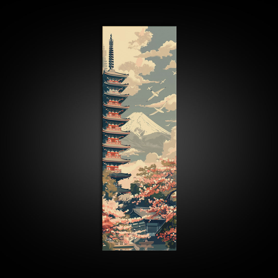 Japanese Pagoda With Mt Fuji And Cherry Blossoms – Framed Canvas Print Featuring Skinny Art Tall Art, Highlighting Ukiyo-E Art And Japanese Style Art