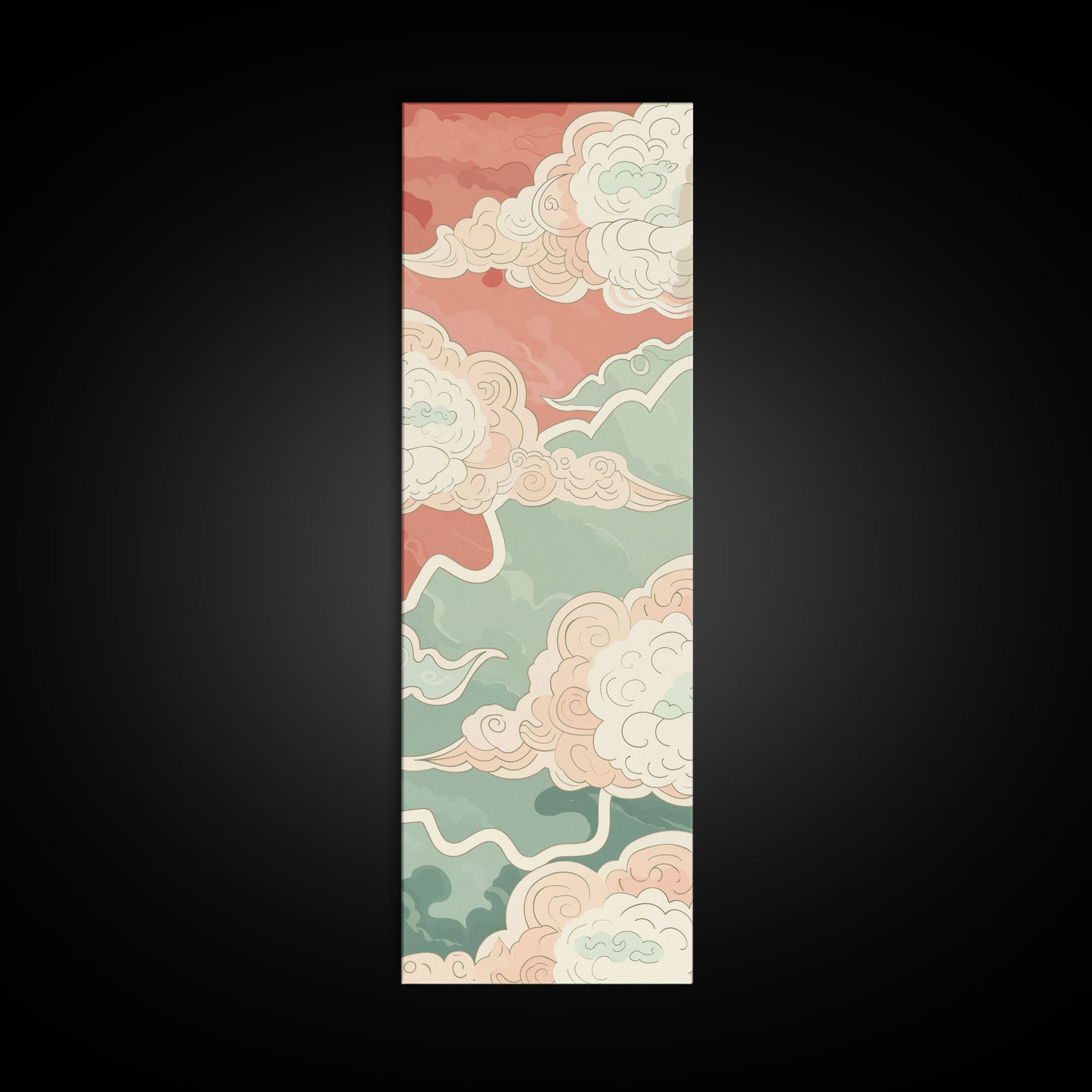 Traditional Japanese Cloud Design In Pastel Colors, Ukiyo-e Style Canvas, Framed Canvas Print, Tall Skinny Japanese Wall Art, Ready To Hang