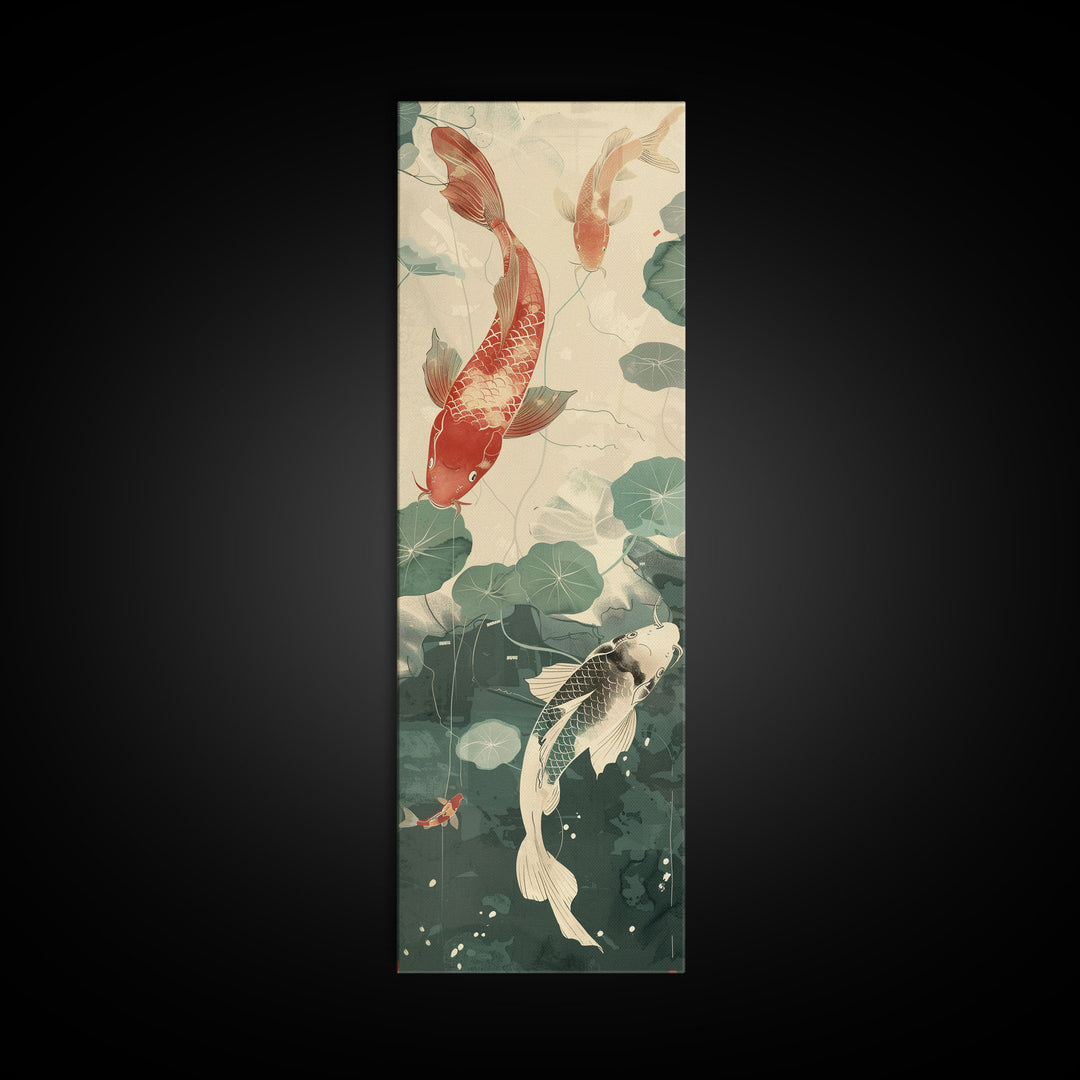 Koi Fish Swimming Among Lilypads In A Calm Pond – Framed Canvas Print Showcasing Skinny Art And Tall Art With Ukiyo-E Art And Japanese Style Art