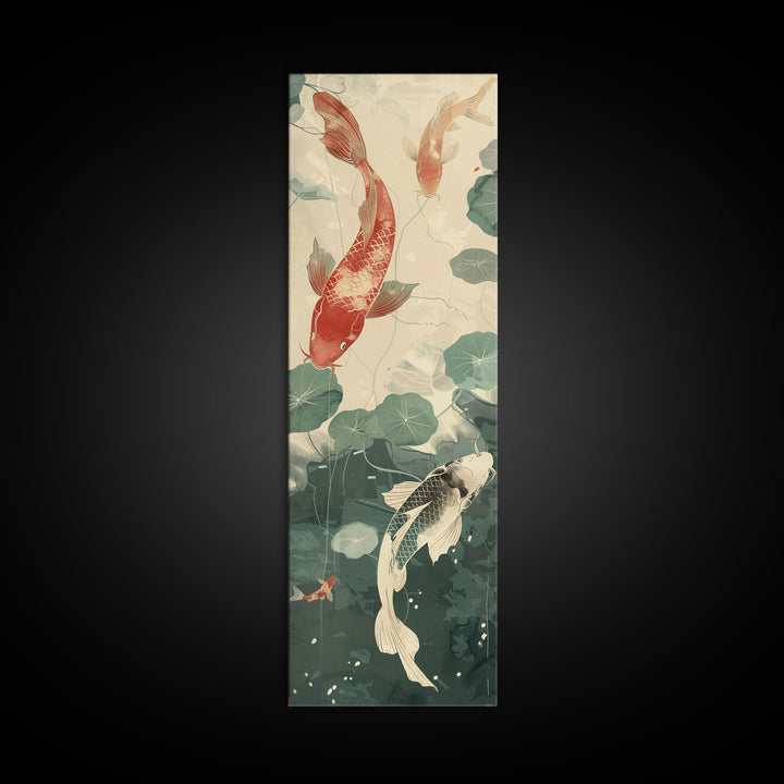 Koi Fish Swimming Among Lilypads In A Calm Pond – Framed Canvas Print Showcasing Skinny Art And Tall Art With Ukiyo-E Art And Japanese Style Art