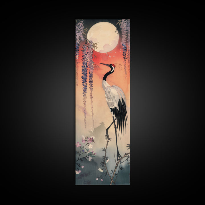 Japanese Crane With Moon And Wisteria - Skinny Art Tall Art Framed Canvas Print Japanese Style Art Ukiyo-e Art