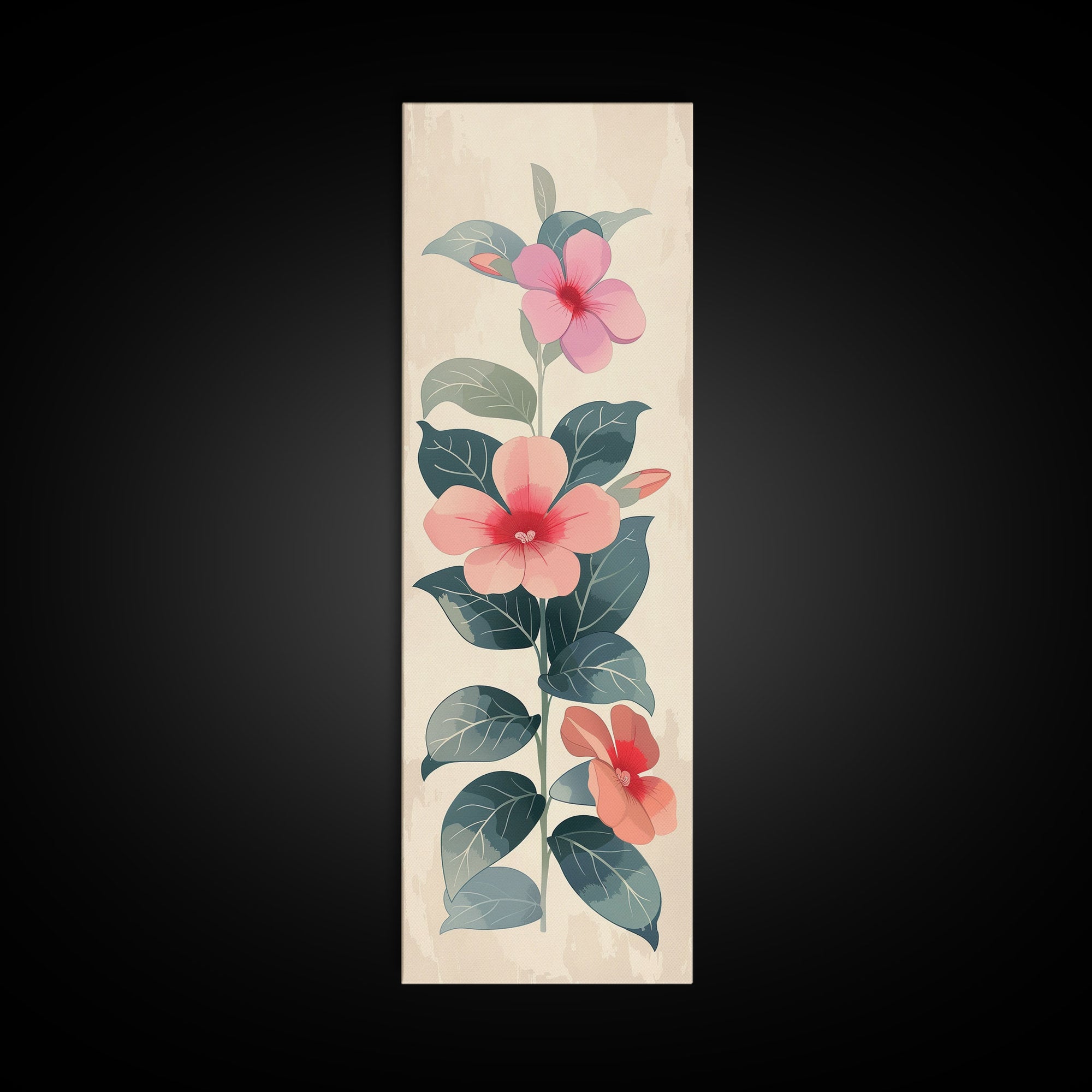 Floral Bouquet With Pink And Red Flowers - Skinny Art Tall Art Framed Canvas Print Japanese Style Art Ukiyo-e Art