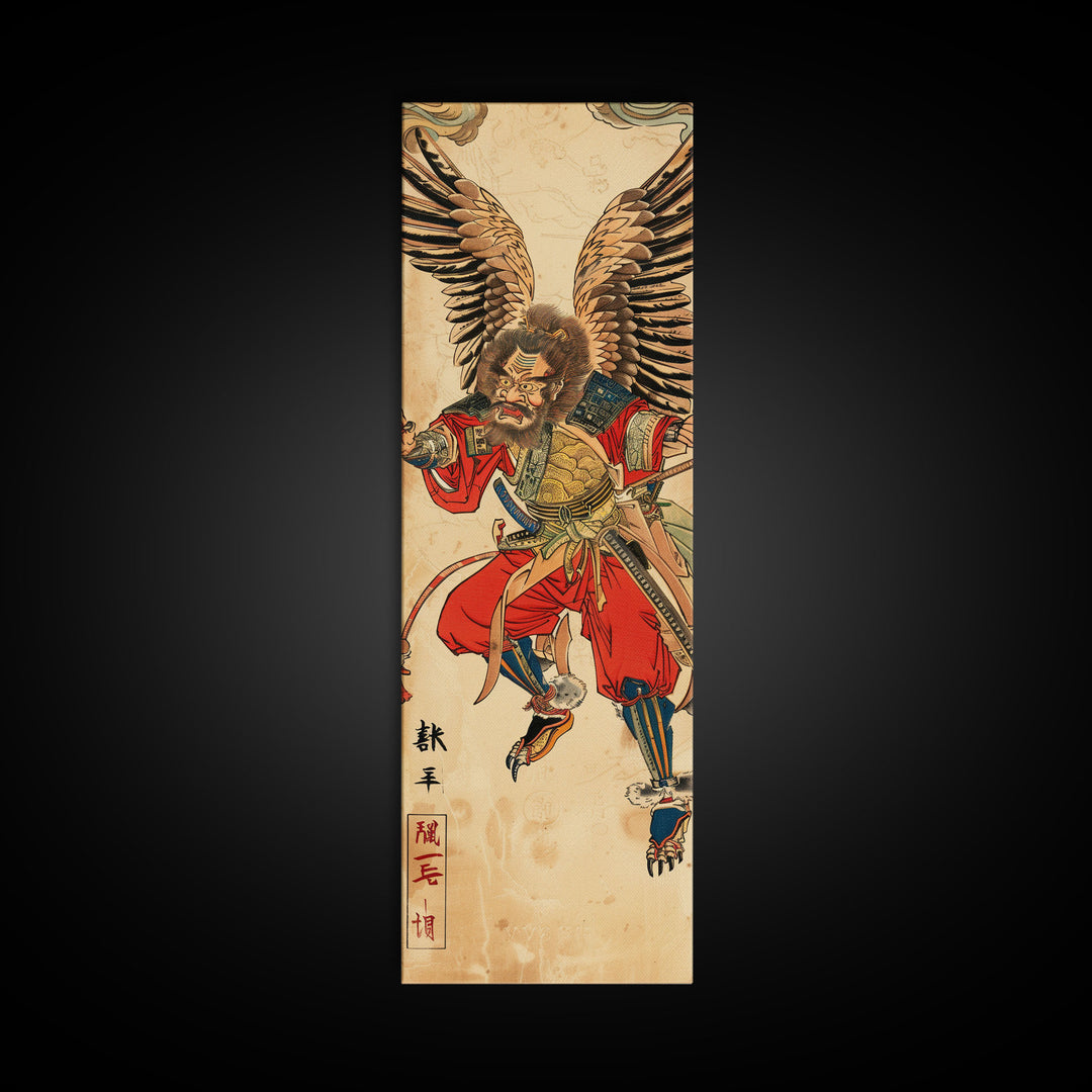 Samurai Warrior With Eagle Wings - Skinny Art Tall Art Framed Canvas Print Japanese Style Art Ukiyo-e Art