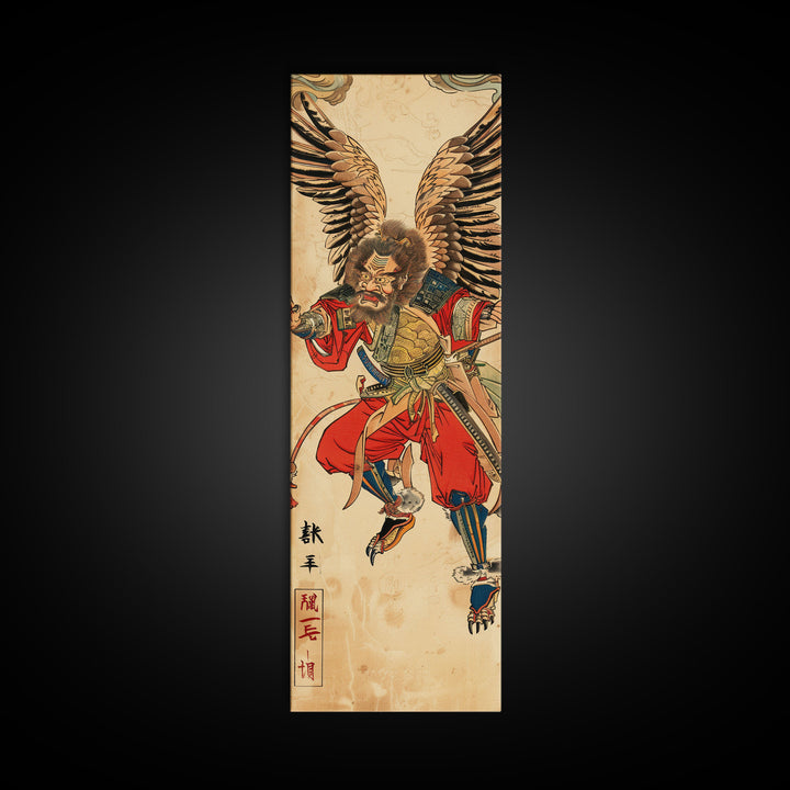 Samurai Warrior With Eagle Wings - Skinny Art Tall Art Framed Canvas Print Japanese Style Art Ukiyo-e Art