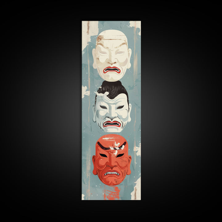 Japanese Masks In A Vertical Display - Skinny Art Tall Art Framed Canvas Print Japanese Style Art Ukiyo-e Art
