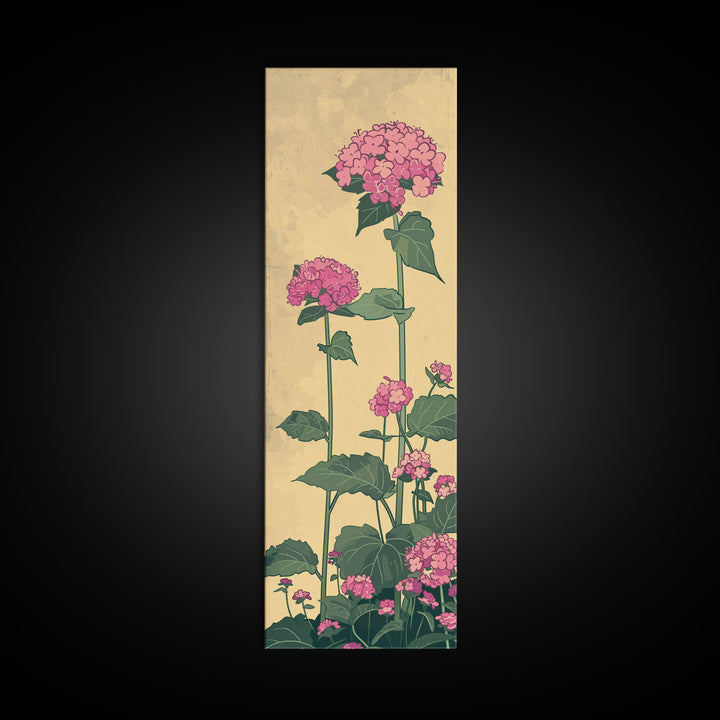 Pink Hydrangea Flowers In Bloom - Skinny Art Tall Art Framed Canvas Print Japanese Style Art Ukiyo-e Art