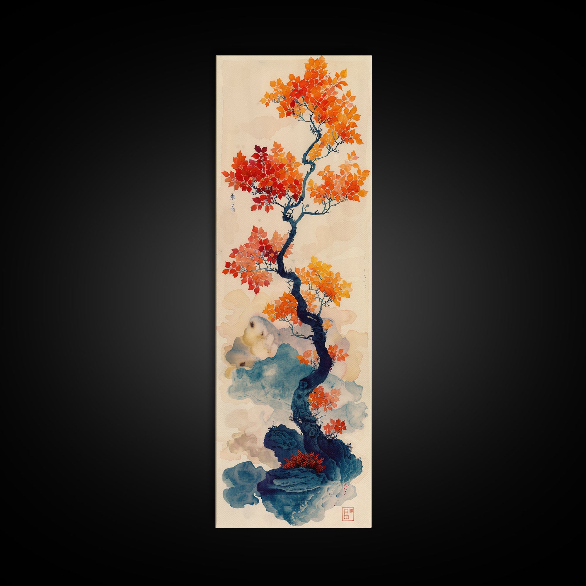 Japanese Maple Tree In Autumn Colors, Ukiyo-e Woodblock Print Style Canvas, Framed Canvas Print, Tall Skinny Japanese Wall Art, Ready To Hang