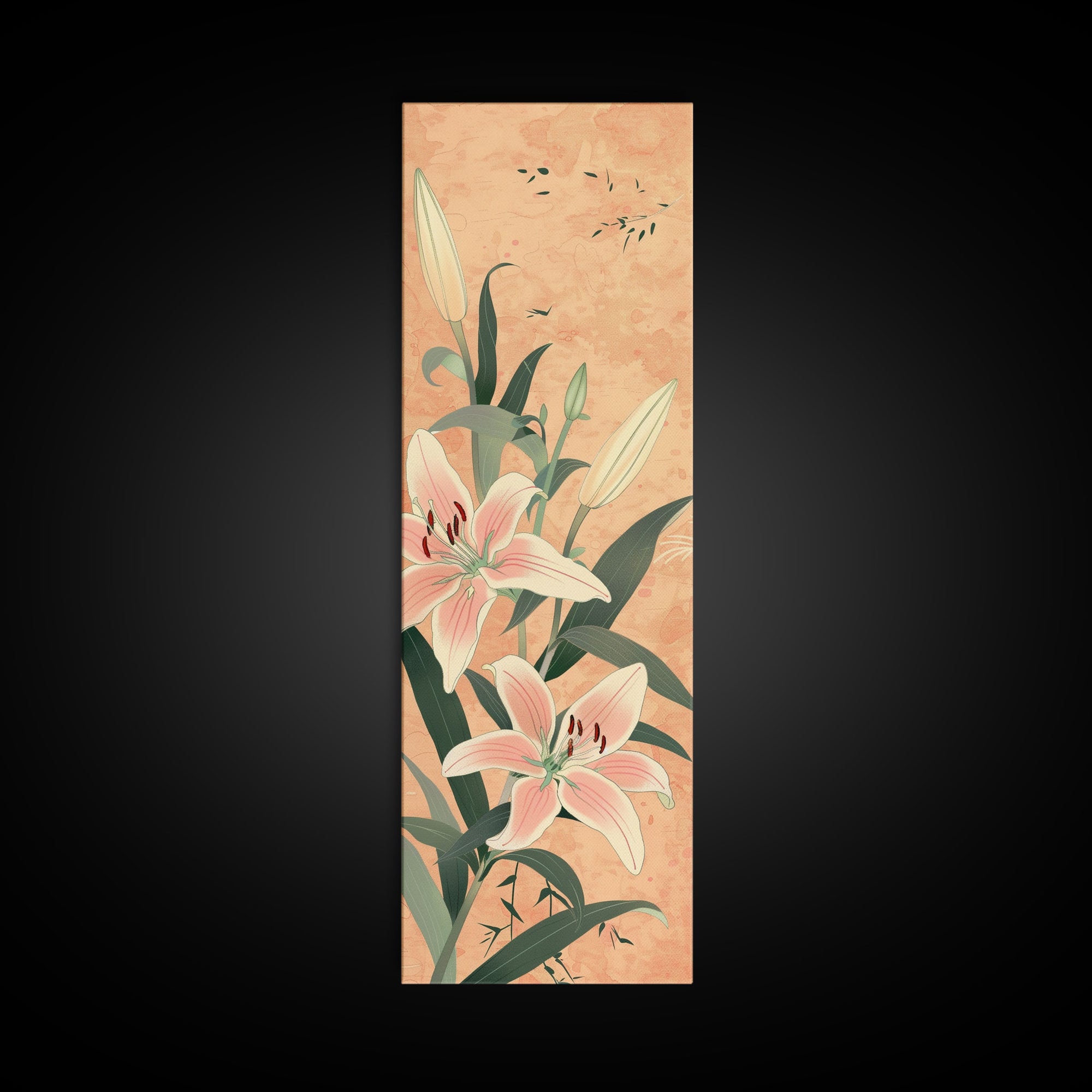 Delicate Lily Flowers Blooming In Japanese Style Ukiyo-e Art Framed Canvas Print Skinny Art Tall Art