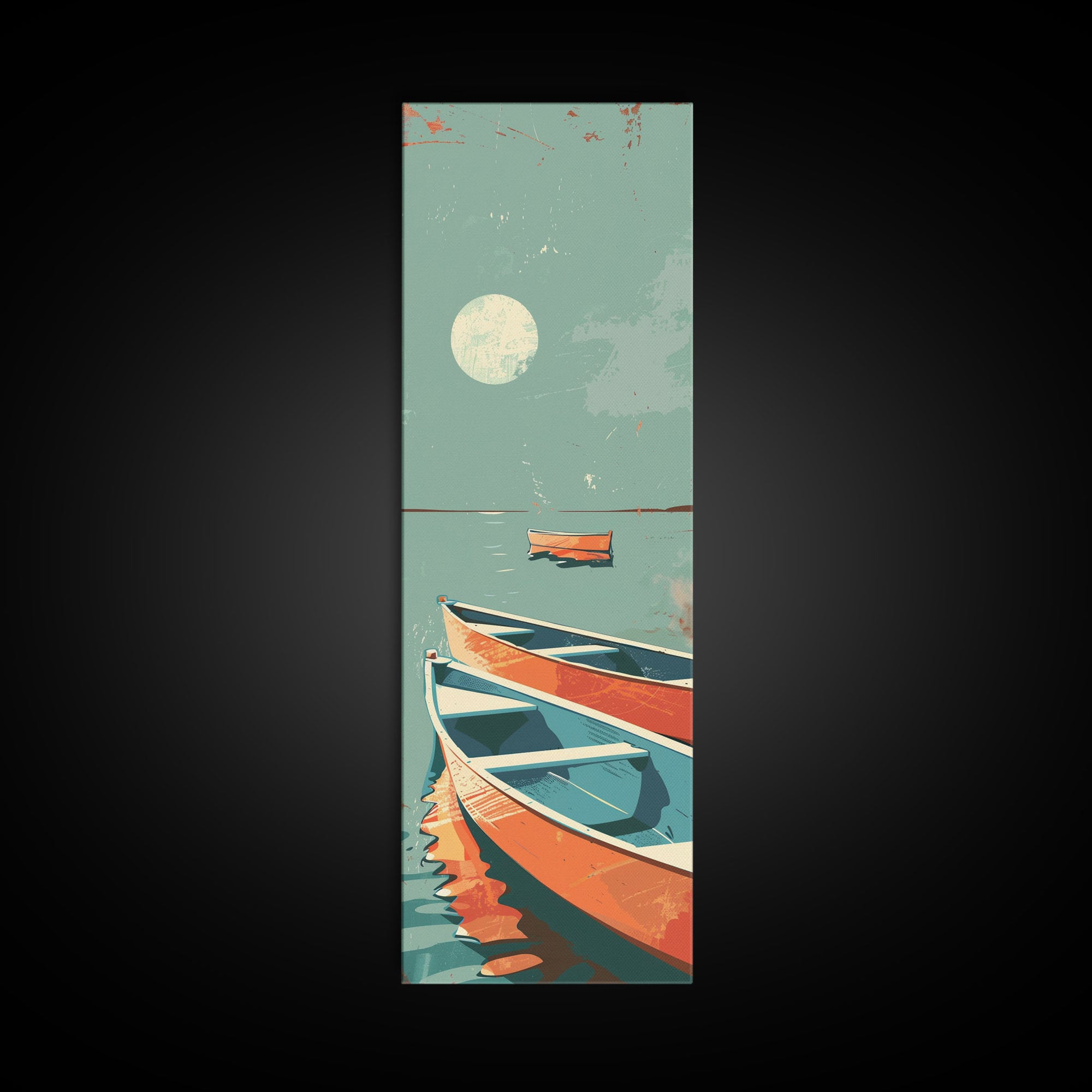 Moonlit Boats Drifting On Calm Waters In Japanese Style Ukiyo-e Art Framed Canvas Print Skinny Art Tall Art