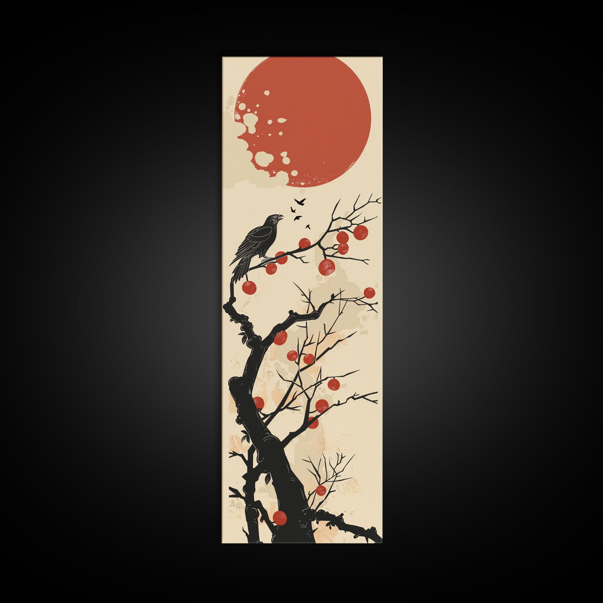 Blackbird Perched On A Branch Under The Red Sun In Japanese Style Ukiyo-e Art Framed Canvas Print Skinny Art Tall Art