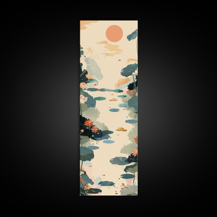 Tranquil Pond With Lotus Flowers And Leaves In Japanese Style Ukiyo-e Art Framed Canvas Print Skinny Art Tall Art