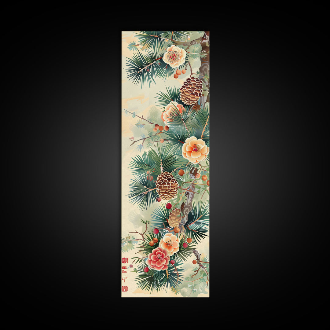 Pine Tree Branches With Blossoms And Pine Cones In Japanese Style Ukiyo-e Art Framed Canvas Print Skinny Art Tall Art