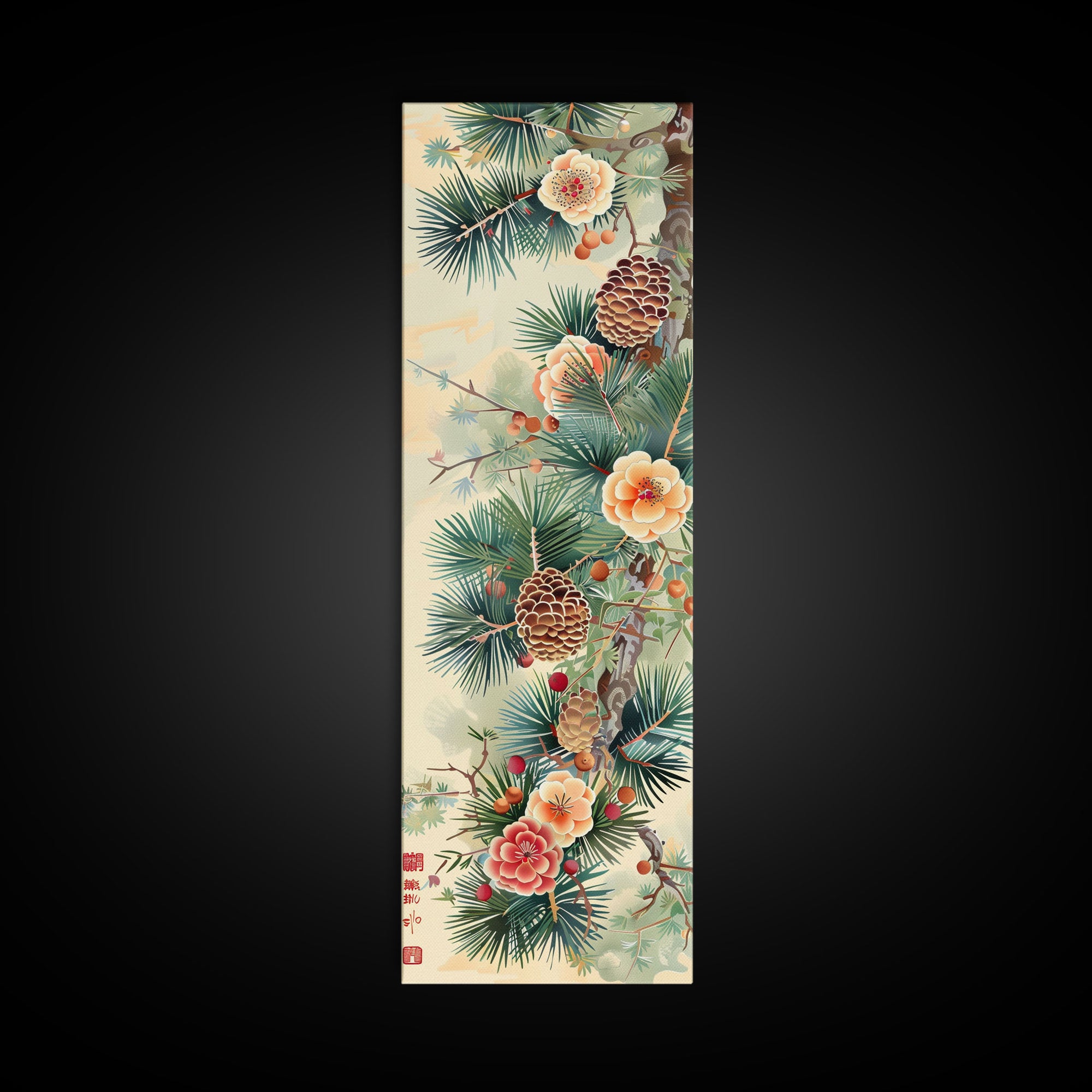 Pine Tree Branches With Blossoms And Pine Cones In Japanese Style Ukiyo-e Art Framed Canvas Print Skinny Art Tall Art
