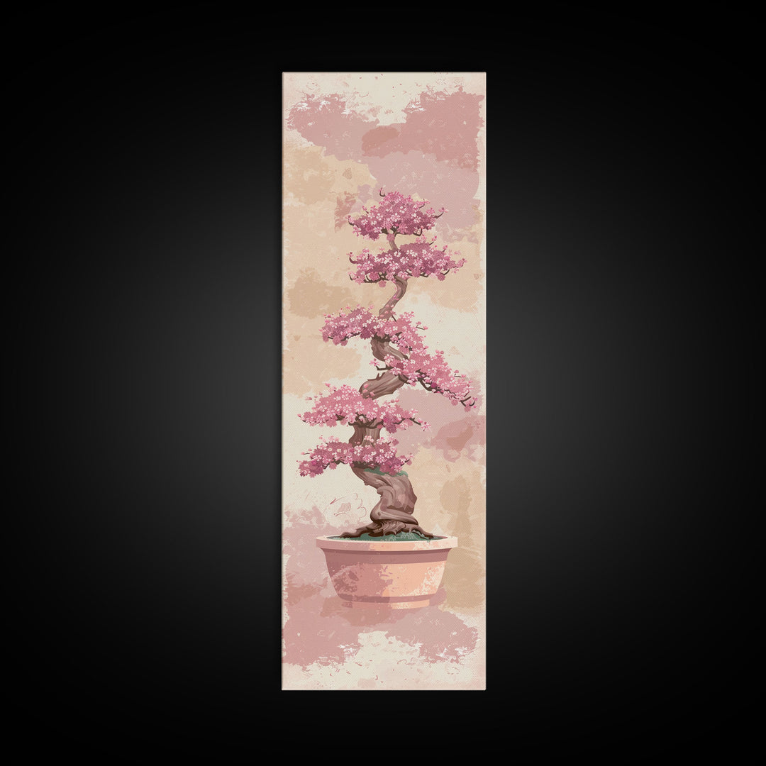 Tall Skinny Art Japanese Style Wood Block Print Potted Bonsai Tree On A Textured Background In Ukiyo-e Style For Framed Canvas Print