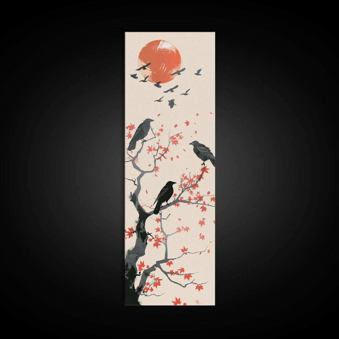 Crows On Bare Tree Branches Against Red Sun Skinny Art Wood Block Print Japanese Style Art Framed Canvas Print Tall Art Ukiyo-e Art