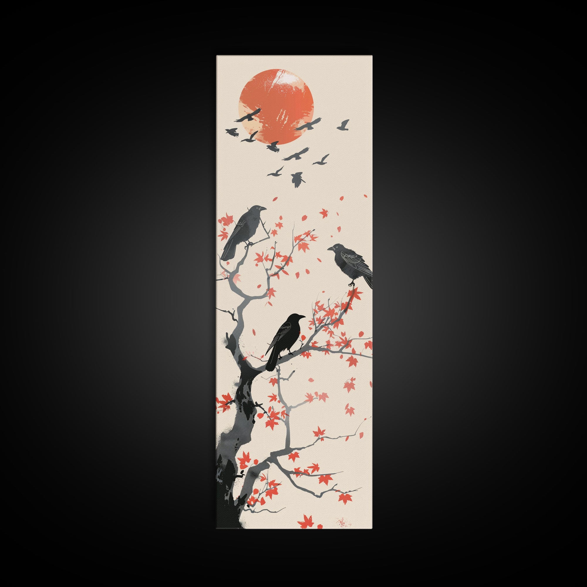 Crows On Bare Tree Branches Against Red Sun Skinny Art Wood Block Print Japanese Style Art Framed Canvas Print Tall Art Ukiyo-e Art
