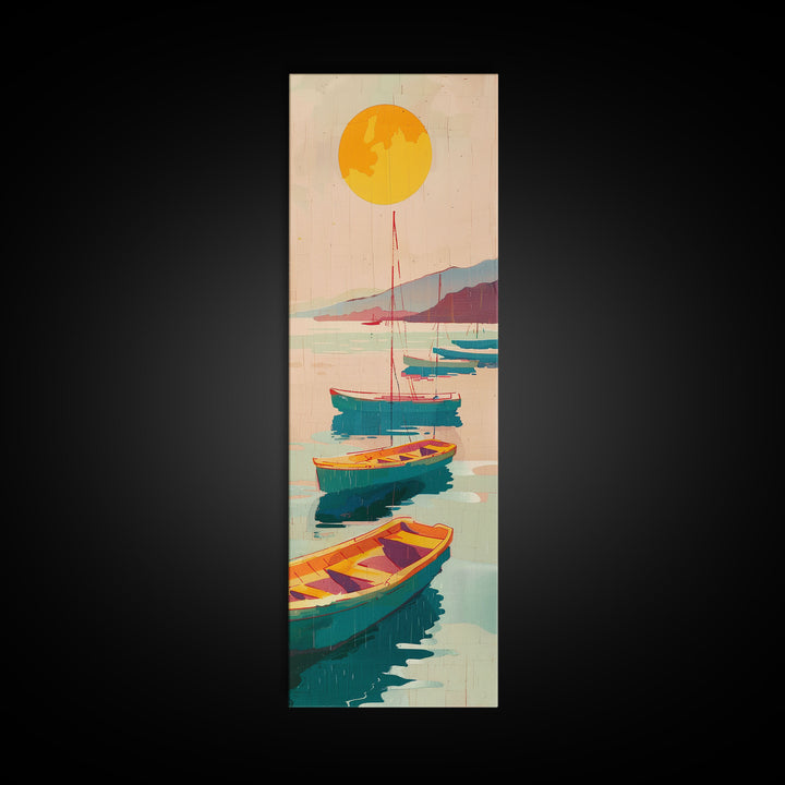 Rowboats And Golden Sun On Calm Water Skinny Art Wood Block Print Japanese Style Art Framed Canvas Print Tall Art Ukiyo-e Art