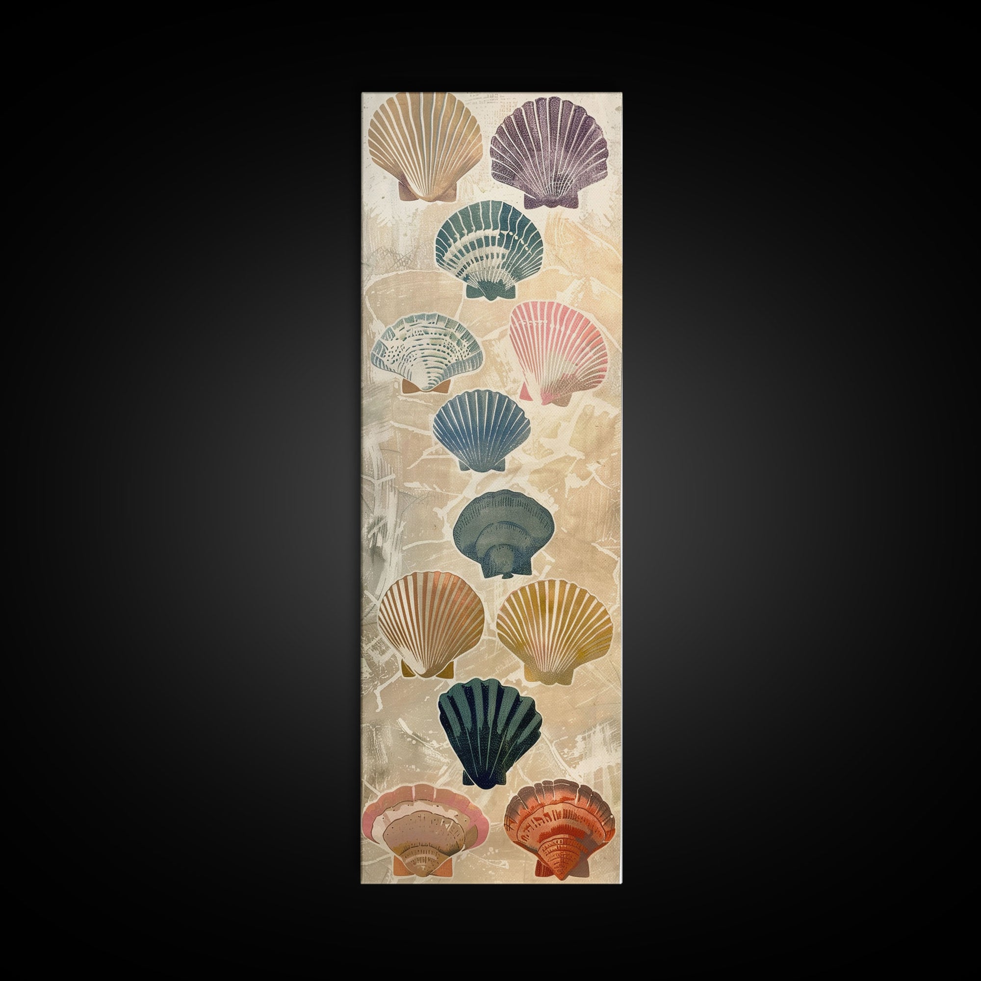 Colorful Shells On Textured Background Skinny Art Wood Block Print Japanese Style Art Framed Canvas Print Tall Art Ukiyo-e Art