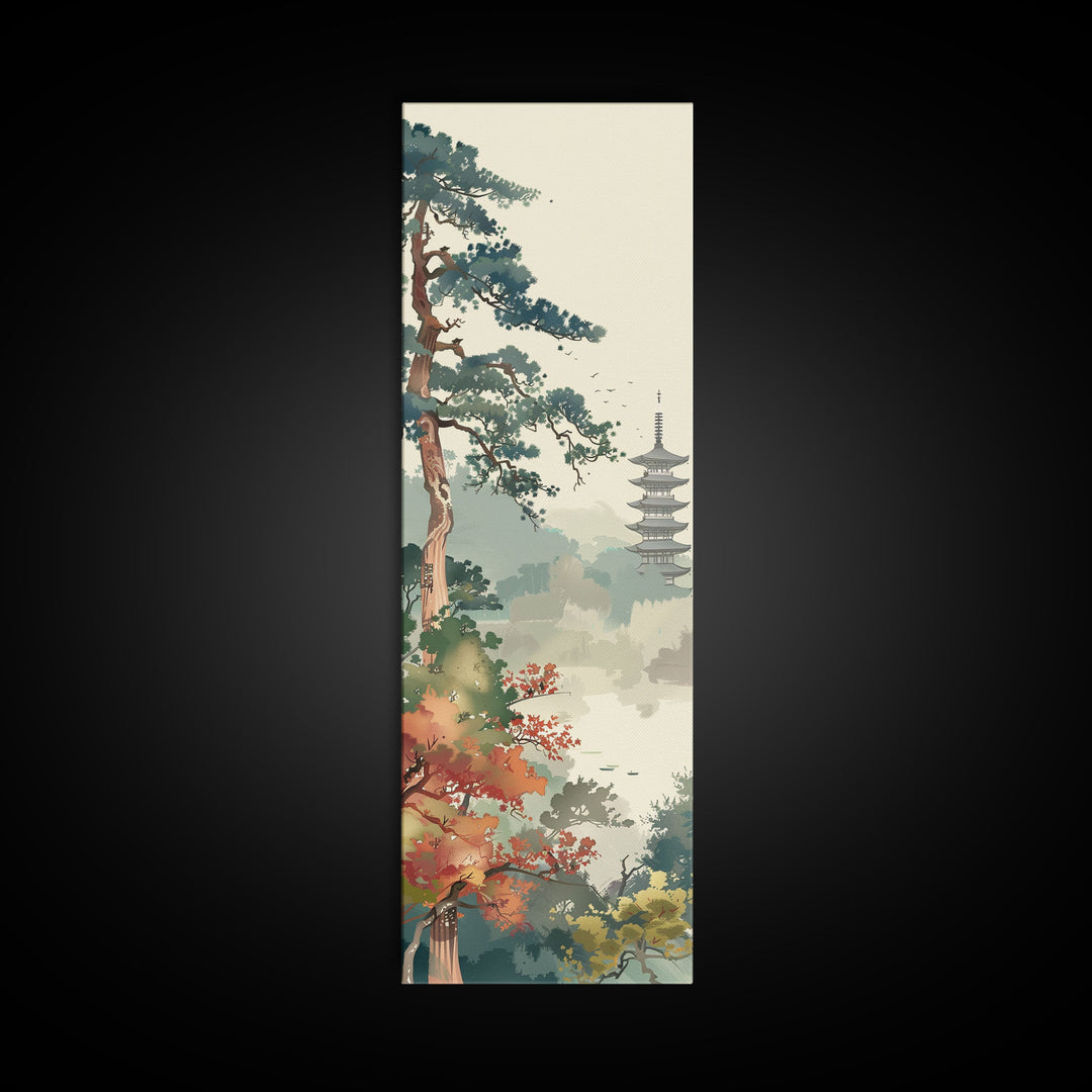 Pagoda And Pine Tree In Misty Landscape Skinny Art Wood Block Print Japanese Style Art Framed Canvas Print Tall Art Ukiyo-e Art