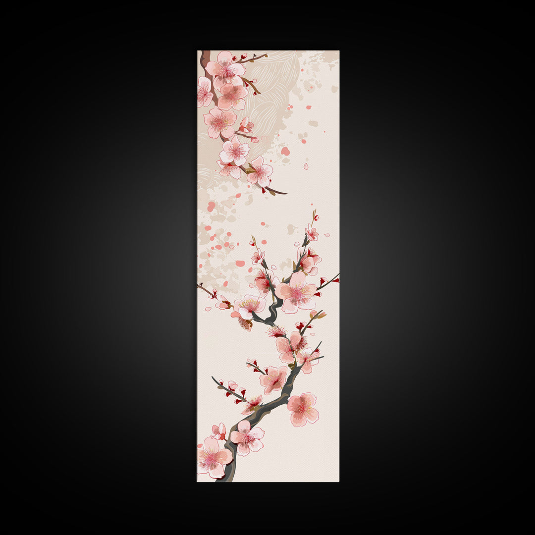 Cherry Blossom Branches On Canvas In Japanese Ukiyo-e Style, Traditional Woodblock Print, Framed Canvas Print, Tall Skinny Japanese Wall Art, Ready To Hang
