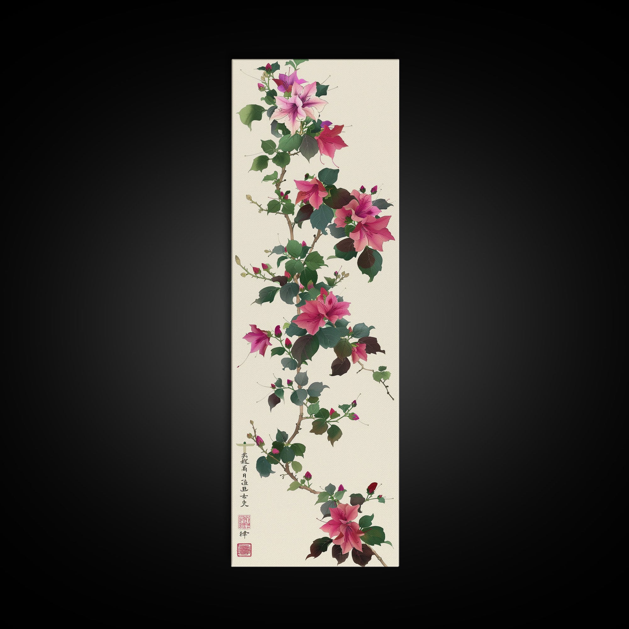 Pink Hibiscus Flowers On Branch Skinny Art Wood Block Print Japanese Style Art Framed Canvas Print Tall Art Ukiyo-e Art